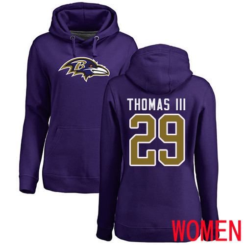 Baltimore Ravens Purple Women Earl Thomas III Name and Number Logo NFL Football #29 Pullover Hoodie Sweatshirt->nfl t-shirts->Sports Accessory
